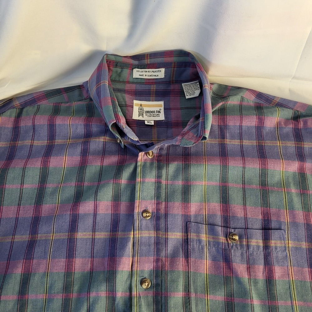 Vintage London Fog Mens L Dress Shirt Green Blue Purple Plaid Button Up Shirt